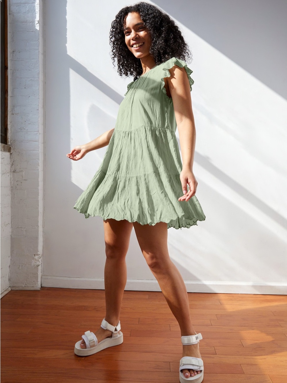Wilfred Sidonie dress!! Light Green Ruffle Sleeve Tiered Mini Dress
